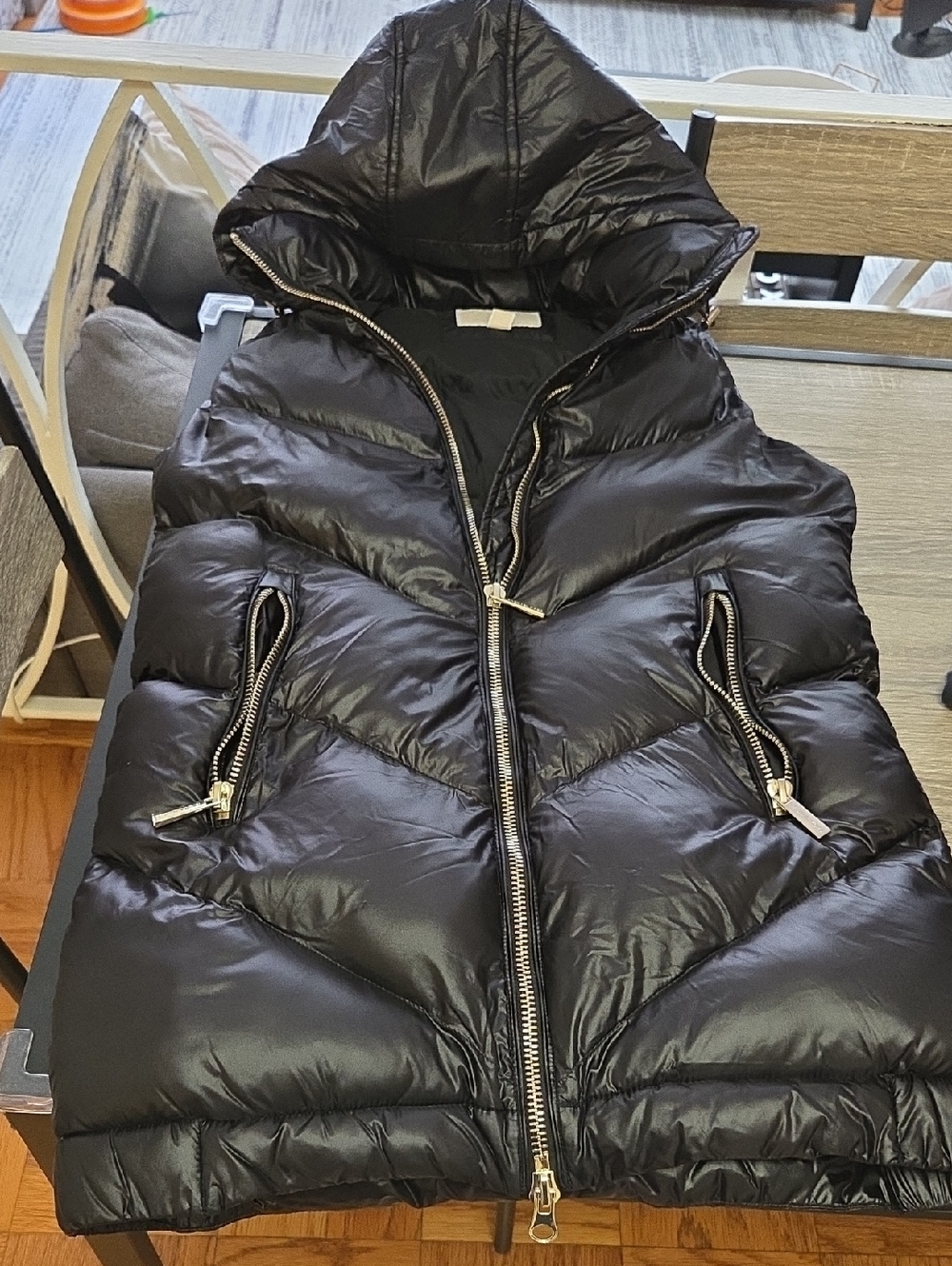 Michael Kors Black Quilted Hooded Puffer Vest with Gold Zippers